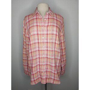 Lands End Womens Shirt Size 16 Double Cloth Coral Fusion Plaid Long Sleev 508003